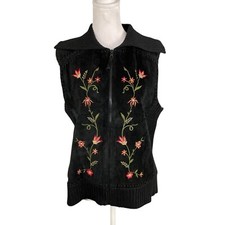 Designer Studio Originals Womens M Embroidered Suede Leather Rib Knit Vest Black