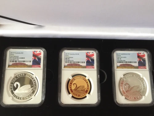 2017 Australia Swan 3-Coin Set Gold and Silver Proof/BU NGC ALL 70 FR wood box