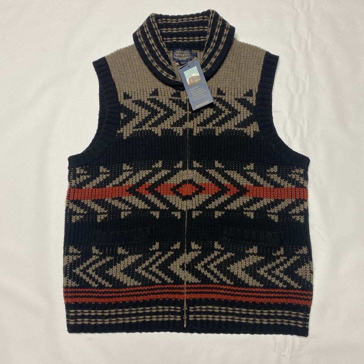 PENDLETON Zipped Knitted Vest Black Tan Red L Lambswool Native