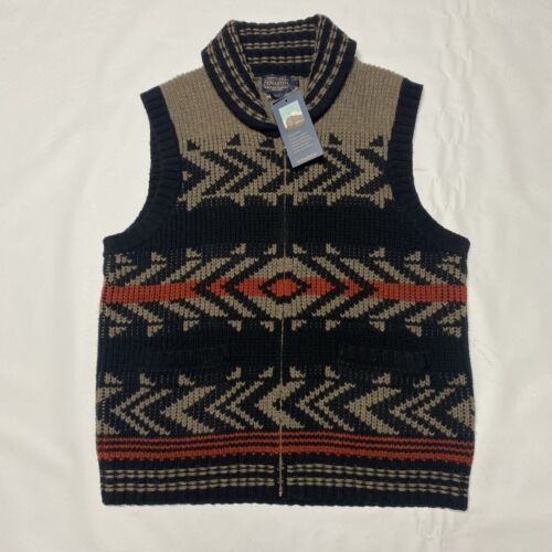 PENDLETON Zipped Knitted Vest Black Tan Red L Lambswool Native Westerley Jacket