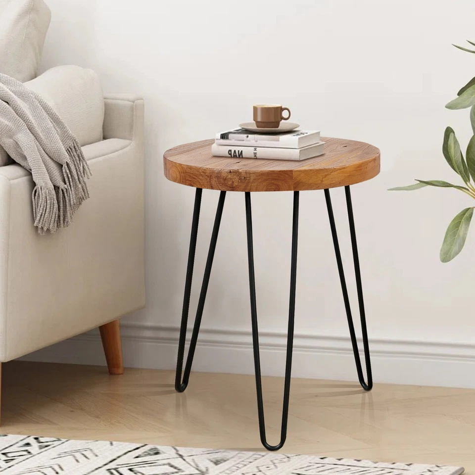 GREENAGE Rustic Old Elm Wood Round End Table Nightstand Sofa Side Table 20.5" H - Image 4 of 4