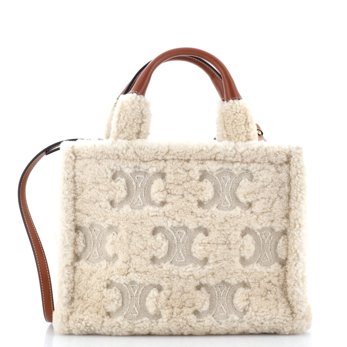 Celine Cabas Thais Tote Triomphe Embroidered Shearling Small