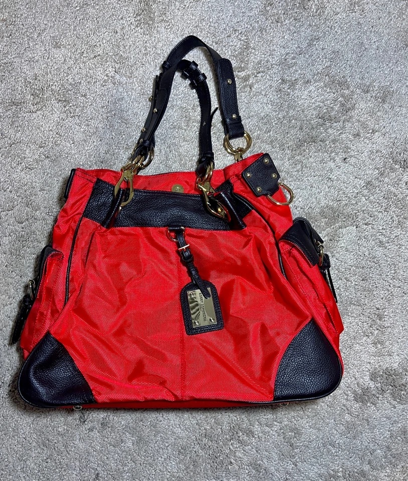 Bobby Schandra Red Black Purse Gold Hand Bag Buckle Canvas Hobo Shoulder New - Image 3 of 4