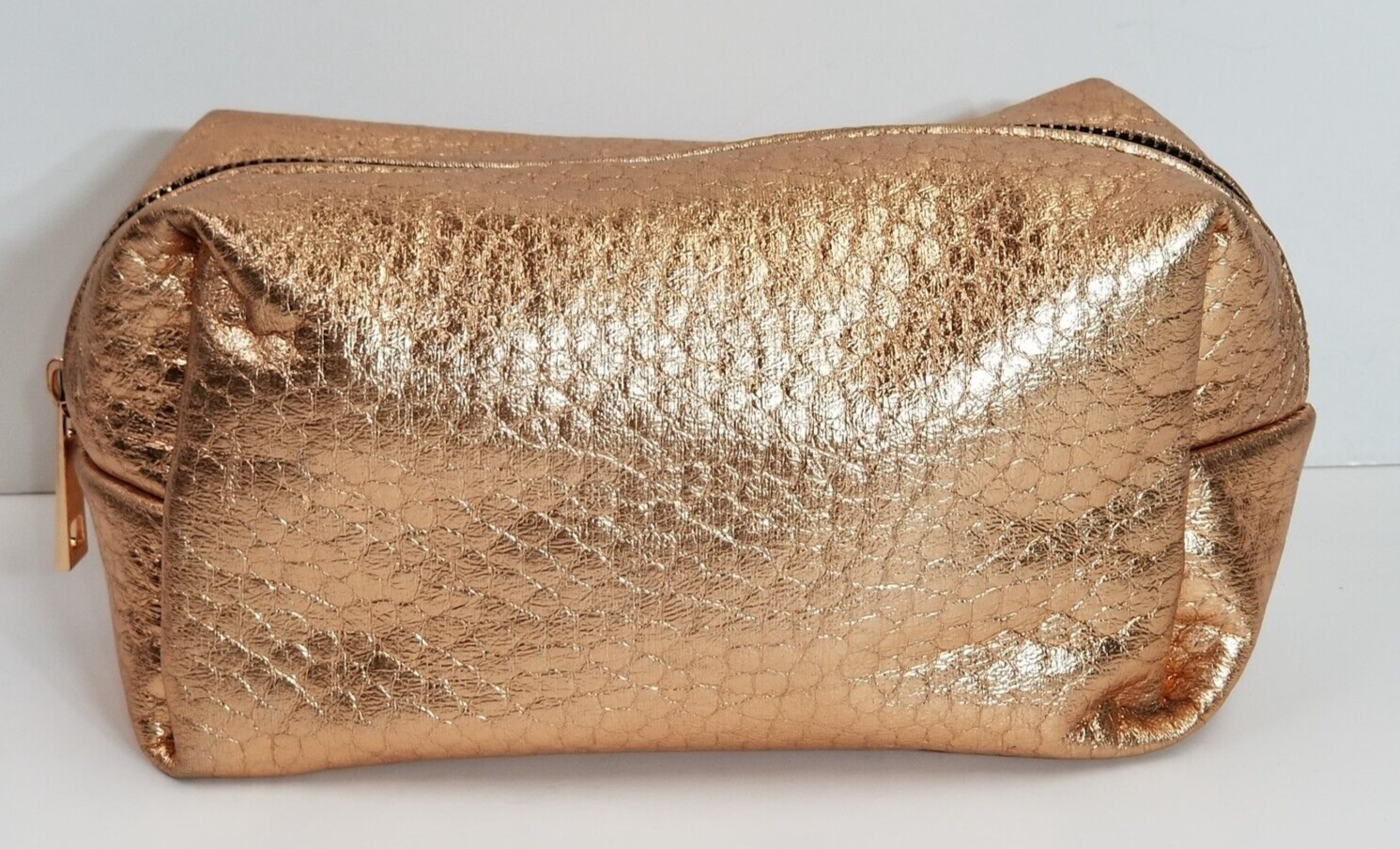 Makeup Bag Faux Grain Leather Travel Accessory Zipper Lined Metallic Peach-image