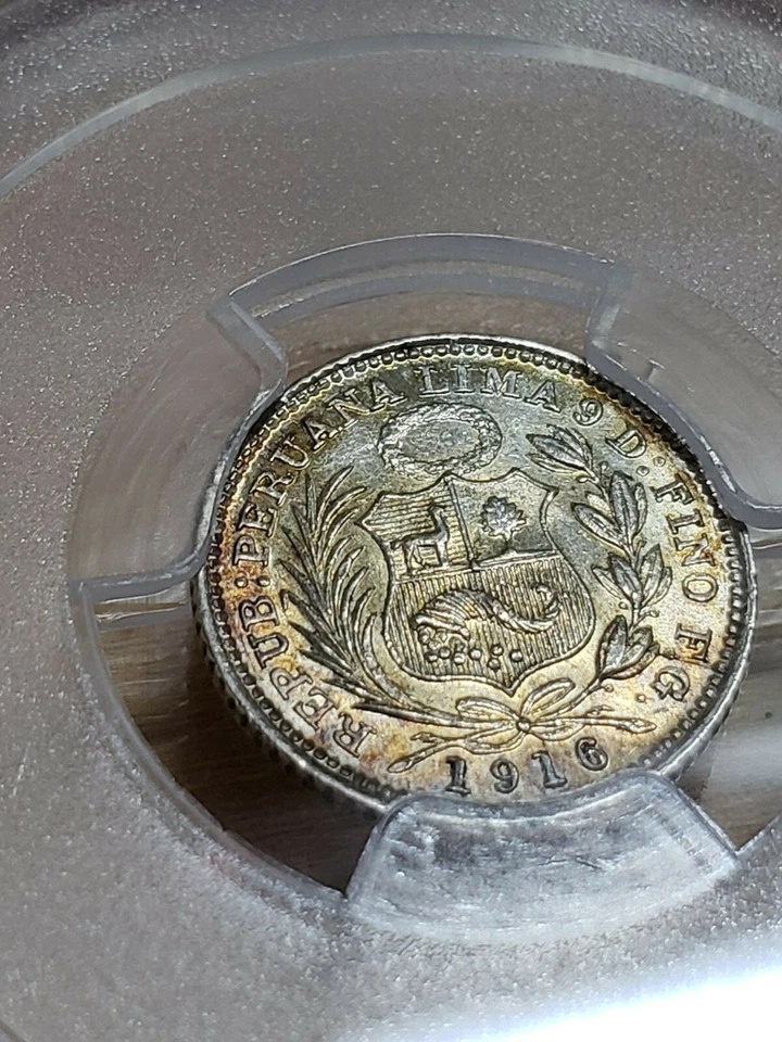 1916 FG Peru Half Dinero 1/2 Din Silver KM-206.2 PCGS MS62 Toned 8403 - Image 3 of 3