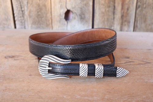 80s Chacon .925 Sterling Silver Ranger Buckle Black Lizard Belt Size 38