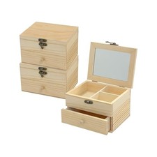 3 Pack Unfinished Wooden Jewelry Box 6x4.7x4 in Natrural Wood Surface Chest