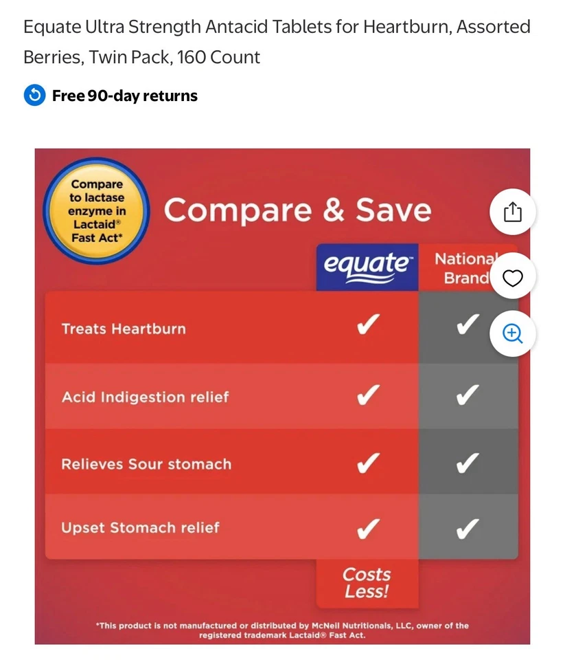 Pacote econômico 2 x comprimidos mastigáveis antiácidos Equate Ultra Strength frutas tropicais 160 - Imagem 3 de 4