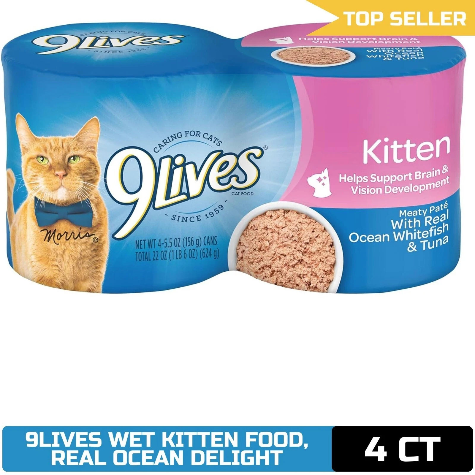 9Lives Wet Kitten Food, Ocean Whitefish & Tuna Paté, 5.5oz Can, Pack of 4