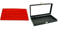 Black Glass Top Jewelry Case w/ 1 Red 32-slot Plastic Tray Single metal latch