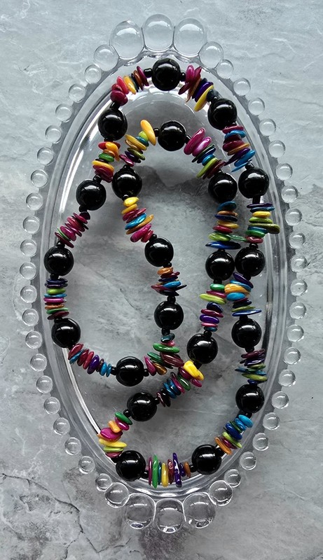 Colorful Beaded Statement Necklace Black Onyx Stone & Multi Color Shell Beads