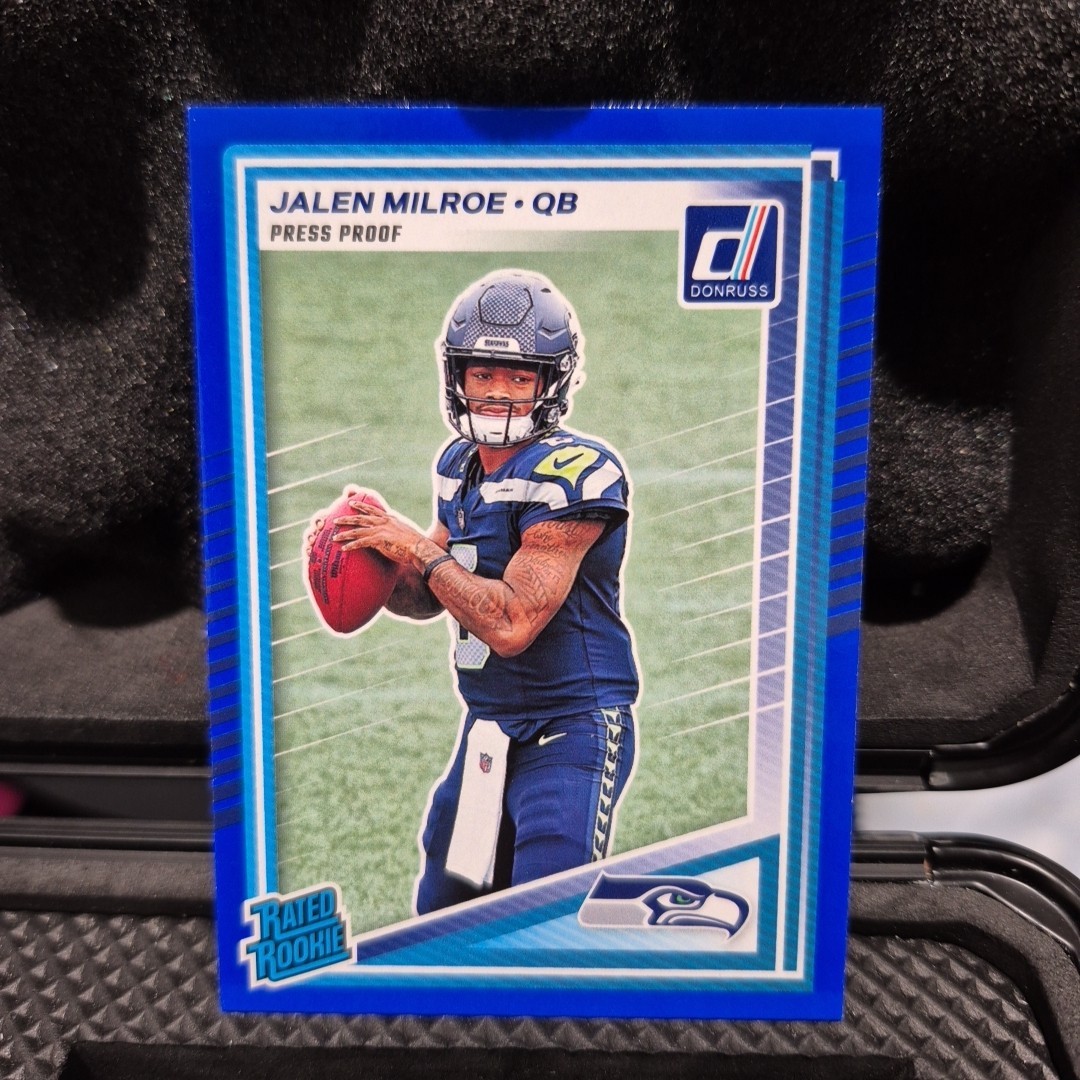 2025 Donruss Rated Rookie Jalen Milroe Blue Press Proof Seattle Seahawks