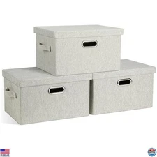 15" Collapsible Storage Bins, 21 Quart, 3 Pack, Beige Fabric, Stackable Baskets