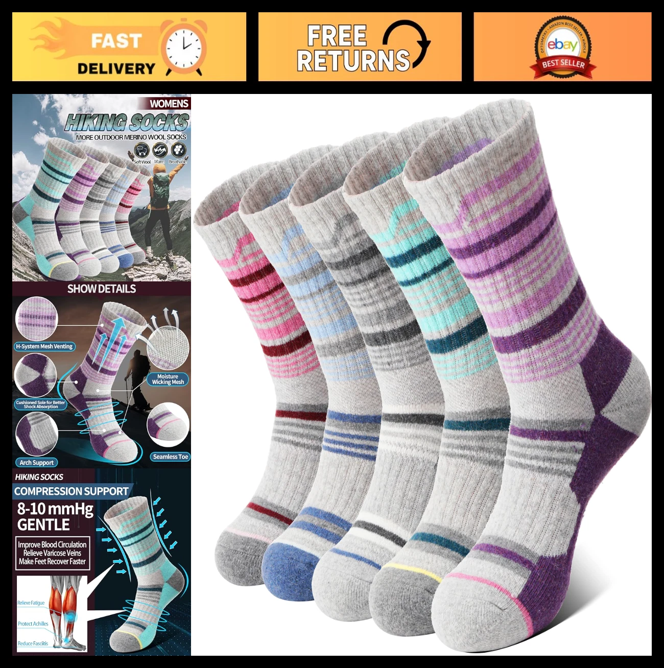 Warm Merino Wool Hiking Socks for Women - Thermal Boot Cushion Socks, 5 Pairs