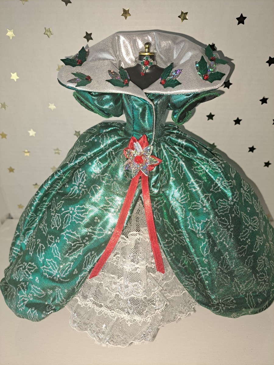 Barbie Dress 1995 Happy Holidays Green Holly Printed Gown with Victorian Collar Barbie Dress 1995 Happy Holidays Green Holly Printed Gown with Victorian Collar