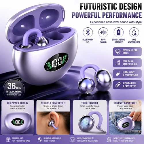 Wireless Clip On Earbuds Bluetooth 5.4 Open Ear Headphones For Android
