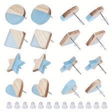 1box 8 Pair 4 style Resin  Wood Stud Earrings set with 304 Stainless Steel