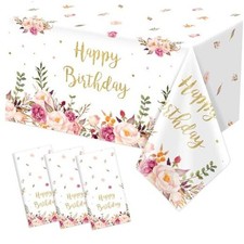 3 Pcs Pink Floral Happy Birthday Waterproof Rectangular Table Cloths Rose Gold