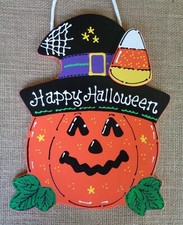 HAPPY HALLOWEEN Pumpkin Candy Corn SIGN Holiday Wall Art Door Hanger Plaque