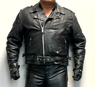 L.A. Roxx USA-Made Black Traditional Slant Zipper Biker Leather Jacket Size 48