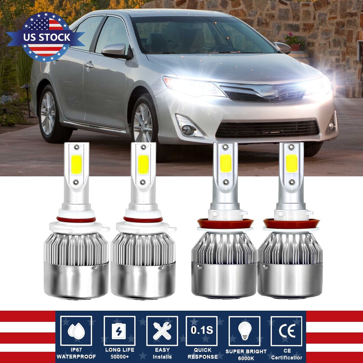 For Toyota Camry 2007-2017 4pc 6000K Combo LED Headlight High Low Beam Bulbs Kit