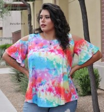 New PLUS SIZE Womens MULTI COLOR TIE DYE COLD SHOULDER TUNIC SHIRT TOP 1X 2X 3X