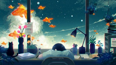 Anime girls art cats fish fantasy seerlight fan Play Gaming Mat Desk