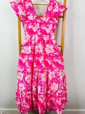 LoveShackFancy Dress Womens 2 Pink Floral Print Short Sleeve Cotton & Silk