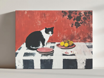 Katze sitzt auf Esstisch Leinwandbild, süß schrullig skurril fein Wandbild