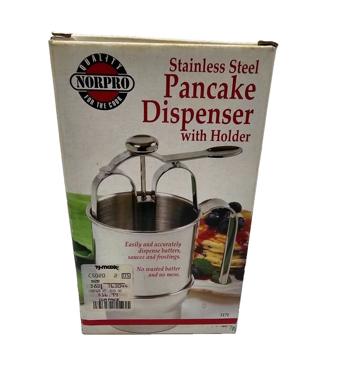 Norpro Stainless Steel Pancake Dispenser with Stand Box does show some