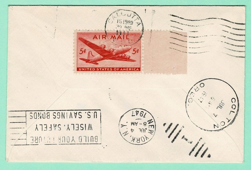 US 3x #C28 June 26, 1947 Cacheted FFC Round-the-World SF- NY via Calcutta Jun 30 - Image 2 of 2
