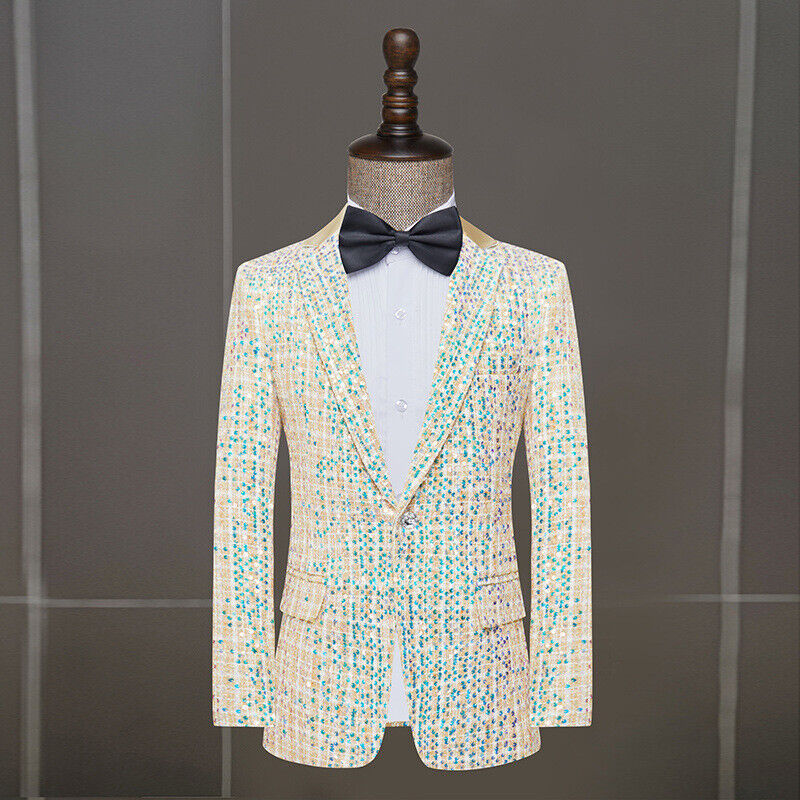 Men Luxury Sequin Suit 2pc Longsleeve Jacket Wide Pants Banquet ...
