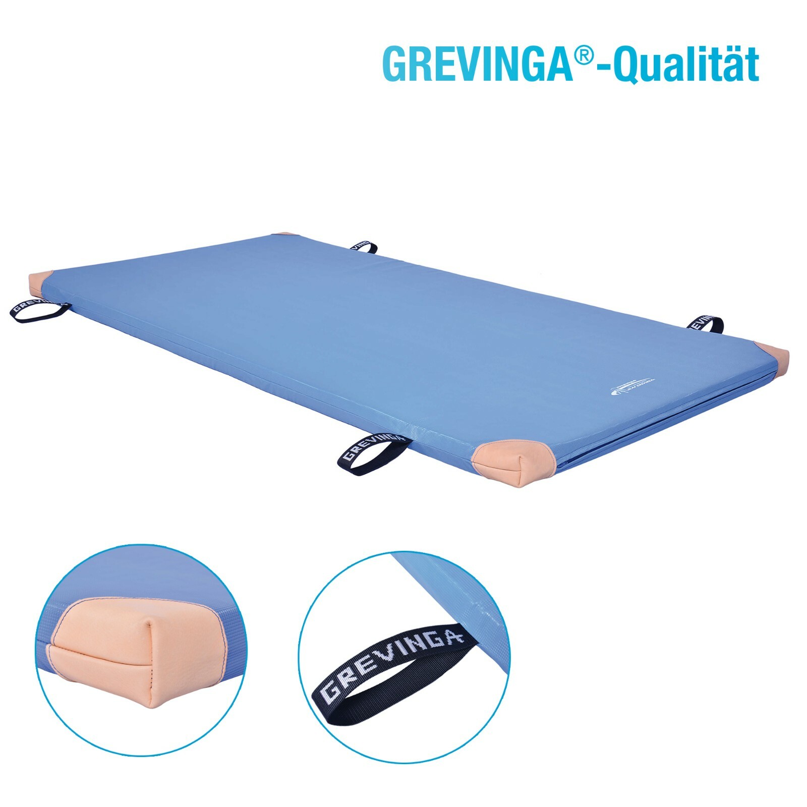 Grevinga® FUN Leichtturnmatte 200 x 100 x 8 cm BLAU Lederecken/Trageschlaufen