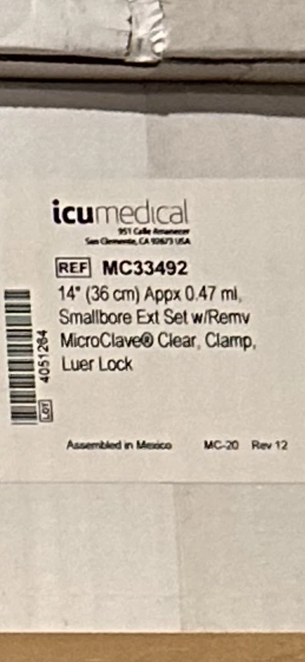 ICU MEDICAL 14” (36cm) appx 0.47 ml. Smallbore Ext Set w/Remv MicroClave Luer MC33492