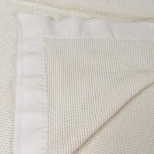 Vintage Thermal Waffle Weave Cream Off White Baby Blanket Nylon Trim