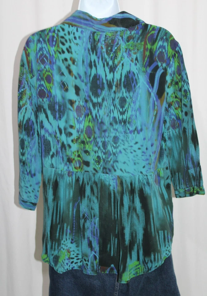 Blusa TIANELLO Sudyne Grande Manga 3/4 Turquesa Botón Frontal Seda SP-128=#20 Foto 3 de 4