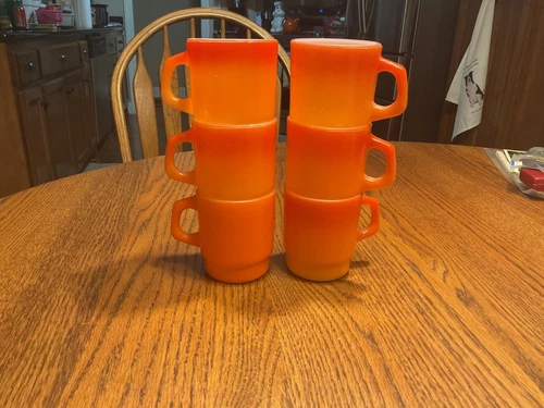 Anchor Hocking Fire King Vintage Oven Proof Orange Stacking Mugs - Lot of 6