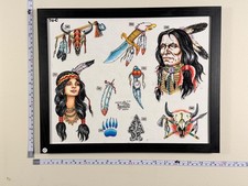 American Traditional Tattoo Flash Art Framed 11x14 Ready-to-Hang Indian 74-C