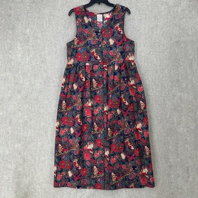 VTG Pams Closet Christmas Santa Cotton Midi Apron Pinafore Jumper Dress Red MED