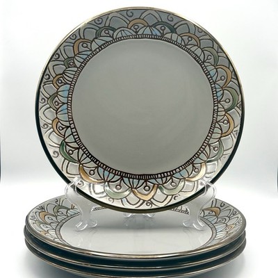 Target Threshold VERMILLION 11'' Dinner Plate Set 4Pc Embossed Floral Gray Brown