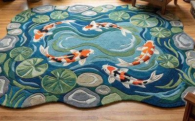 Hand Tufted Koi Fish Pond Rug   Round Artistic Area Rug   Japanese Style Water