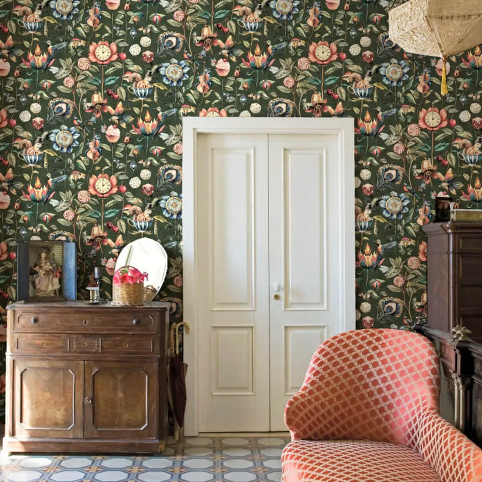 Emerald Green Floral Wallpaper Curious Creatures Birds Keys Dice Feature Wall