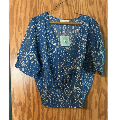 Hayden Blue White Floral V-Neck Smocked Puff Short Sleeve Women's Blouse