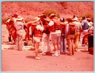 Vtg Color Snapshot Group In Life Jackets Preparing For Rafting Trip 1981