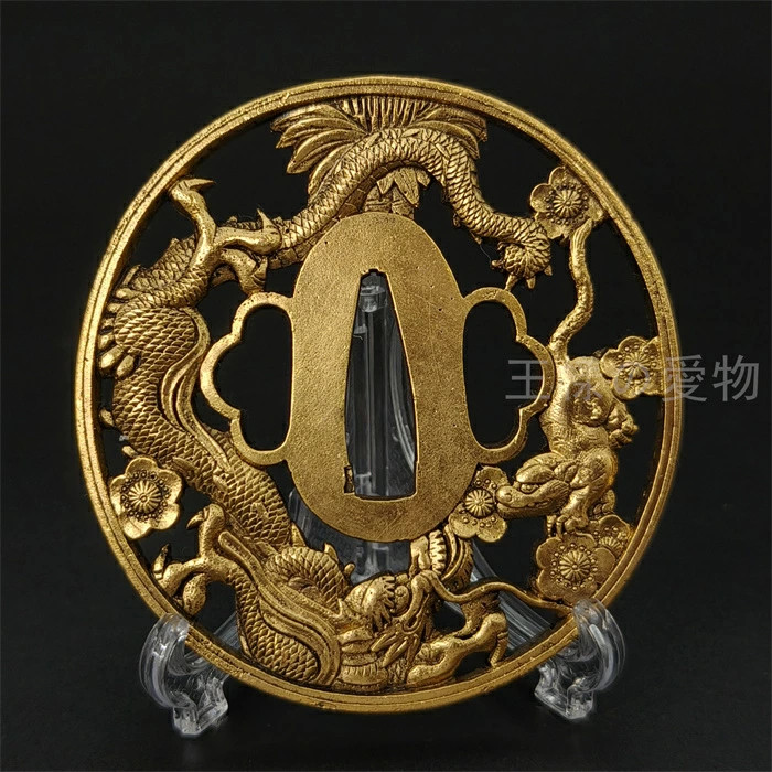 Espada japonesa Tsuba Dragon Tiger Design Gold Copper Samurai Guard Art