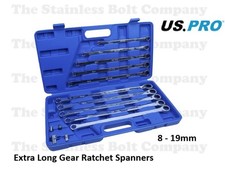 US PRO Extra Long Double Ring Single Gear Ratchet Spanner Set 10pc 8mm-19mm 3224
