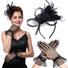 Fascinators Hat for Women Cocktail Wedding 20s Tea Party Headwear Gloves Black