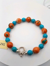 Blue & Orange Round Beaded Bracelet, Silver B...