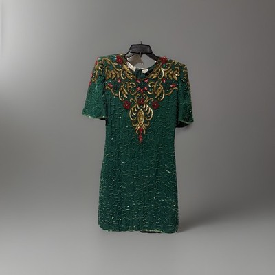 Vintage Scala Emerald Green Beaded Sequin Silk Dress Size PS Holiday Festive