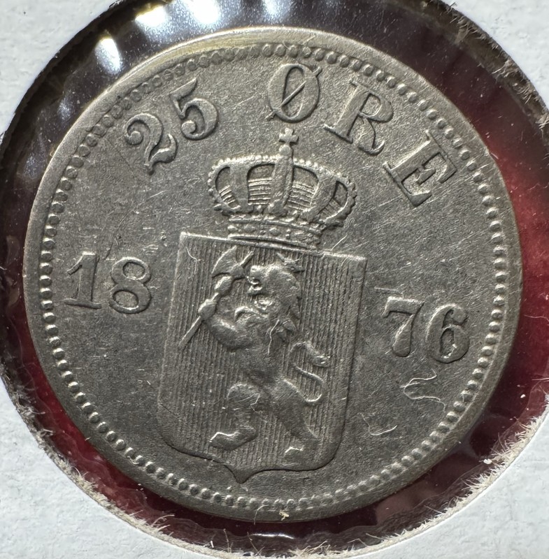 1876 25 Öre Norway Coin Silver Oscar II XF